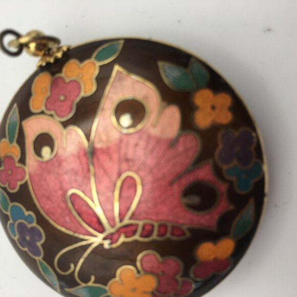 Cloisonne Butterfly Pendant Necklace Black Pink Enamel Puff Double Sided Flowers - Picture 4 of 14